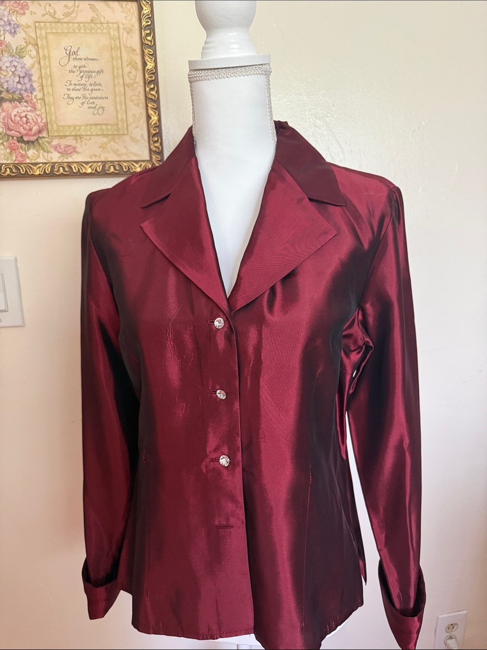 JS Collections Deep Burgundy Satin Button-Up Blouse